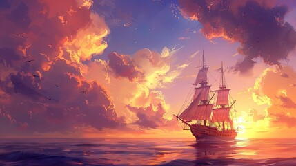 Obraz premium a ship sailing at sea during sunset, with the golden hues of the fading sun casting a warm glow over the tranquil waters, creating a serene and picturesque scene.