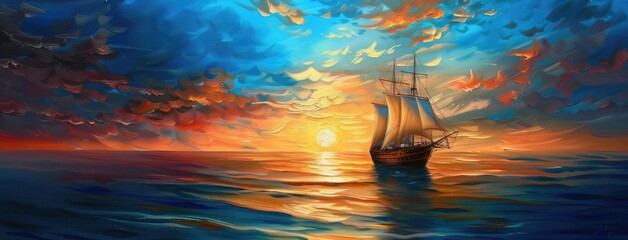 a ship sailing at sea during sunset, with the golden hues of the fading sun casting a warm glow over the tranquil waters, creating a serene and picturesque scene.