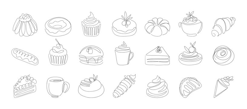 One line drawing of desserts and bakery sweets. Linear sketch hand drawn coffee tea pastry cakes, trendy doodles for cafe menu. Vector set