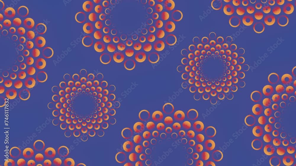 Aufkleber Blue background with a pattern of red-orange circles. Contemporary and artistic style. Digital seamless loop animation. 3d rendering. 4K, Ultra HD resolution