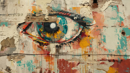 An eye mural painted on the side of a building, staring out at passersby with its intricate details and vibrant colors