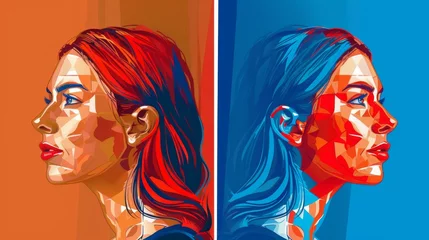 Gordijnen Abstracte kunst A striking digital art piece showing a woman's face, split and colored in two different vibrant hues, exuding pop art charm  © ChaoticMind