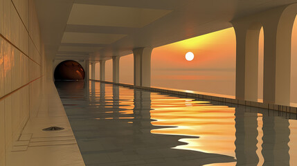 The sun is setting low in the sky, casting a warm glow over the water in the pool