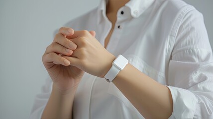 Obraz na płótnie Canvas a person monitoring their heart rate, perhaps with a wearable device or by placing their fingers on their pulse, symbolizing the importance of cardiovascular well-being.