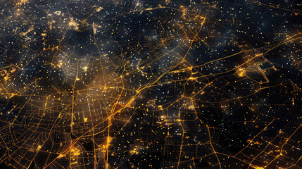 A view of a city bustling with lights and activity captured from space during the nighttime. The streets, buildings, and urban landscape are illuminated, creating a vibrant and dynamic scene - obrazy, fototapety, plakaty