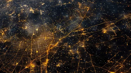 Foto op Canvas A view of a city bustling with lights and activity captured from space during the nighttime. The streets, buildings, and urban landscape are illuminated, creating a vibrant and dynamic scene © sommersby