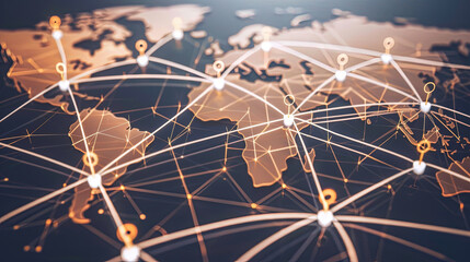 A detailed map of the world with numerous lines connecting various countries and regions, showcasing global interconnectedness and interdependence