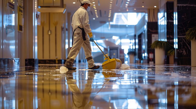 Man mopping wood floor in building with varnished hardwood flooring