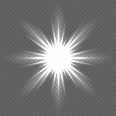 Fototapeta premium White glowing light explodes on a transparent background. Bright Star. Transparent shining sun, bright flash. Vector graphics.