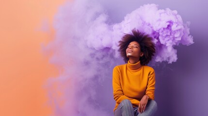 A person sits covered in a dense cloud of purple smoke, suggesting mystery and introspection