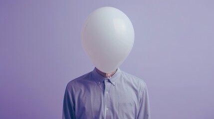A creative and captivating image of a man's head replaced by a white balloon against a matching blue background