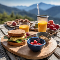 Closeup photo of a nutritious breakfast on a simple wooden board sitting on a weathered picnic...