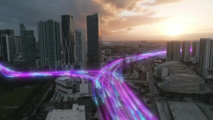 Aerial of Smart city futuristic cityscape at sunset with internet data network flow. 3D graphic render