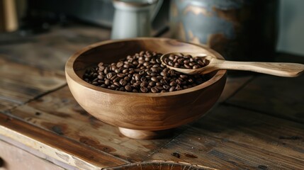 Wooden bowl filled with coffee beans and wooden spoon