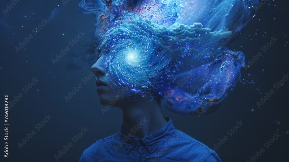 Poster a stunning visual metaphor for cosmic awareness with a head replaced by a swirling galaxy, set again