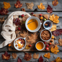 Fototapeta na wymiar Closeup photo of a nutritious breakfast spread across a rustic wooden board. Scattered autumn leaves and a cozy hand-knit scarf suggest a crisp fall morning.