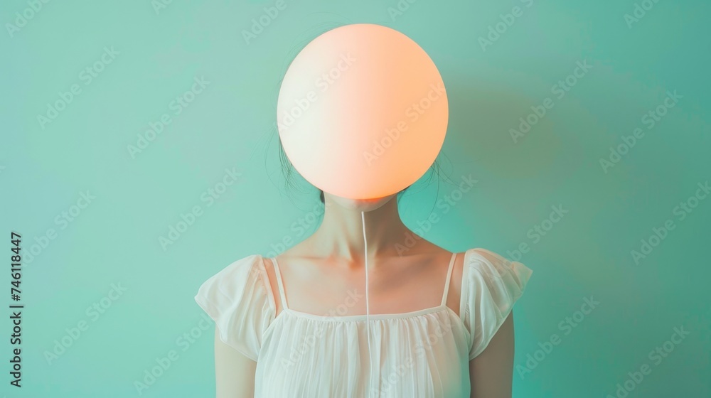 Poster an intriguing photo of a person with a glowing orb obscuring the face, suggesting insight and enligh