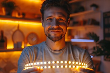 One happy brunette man hold in his hands one led strip light. Photography of the satisfied customer or electrician. 
 - obrazy, fototapety, plakaty