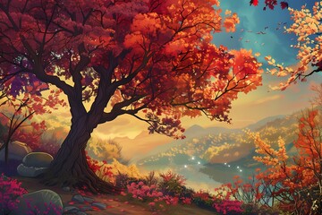 Autumn landscape with colorful trees and mountains. Ai generated.