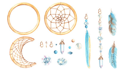 Watercolor hand drawn dream catcher set with blue feathers, strings of crystals, glass beads, golden rings. Design elements isolated on white background.
