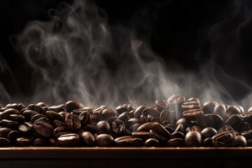 Roasted coffee beans with smoke rising over dark background - obrazy, fototapety, plakaty