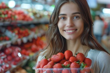 Young woman holding plastic package with ripe strawberries in her hands stands inside supermarket. Close up portrait of smiling satisfied client.