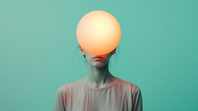 Surreal image of an individual with a bright glowing orb replacing the head on a teal background illustrating ideas and inspiration