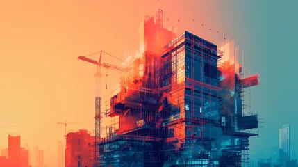 Fototapete Rund Architectural Progression: Double Exposure Art Depicting Building Engineering © BRH