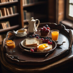 Closeup photo of a nutritious breakfast on a worn leather-bound tray. The scene is set in a dimly lit library with shelves of books in the background.