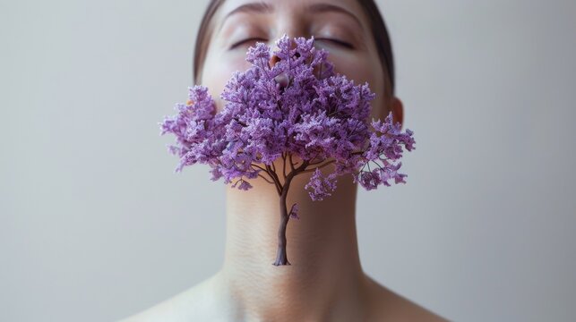 An evocative image showing purple lilac flowers blooming from the neck of a person, blending nature and humanity