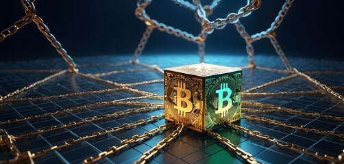 A gleaming golden Bitcoin cube is connected to a network of chains, symbolizing the cryptocurrency's fundamental role in the blockchain ecosystem. AI Generative