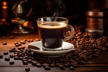 Black coffee in glass cup with coffee beans on wooden table