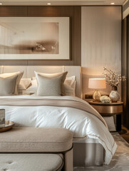 Comfortable interior of a modern bedroom with a large double bed, interior design of a luxurious family apartment.