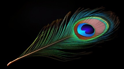 A detailed shot showcasing the intricate patterns of a peacock feather against a solid black background. Generative AI