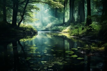 Fototapeta na wymiar Pond calm forest water. Plant spring. Generate Ai