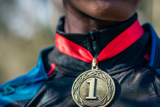 A winners medal with a number 1 hanging around the neck of a sports person. First place race winner