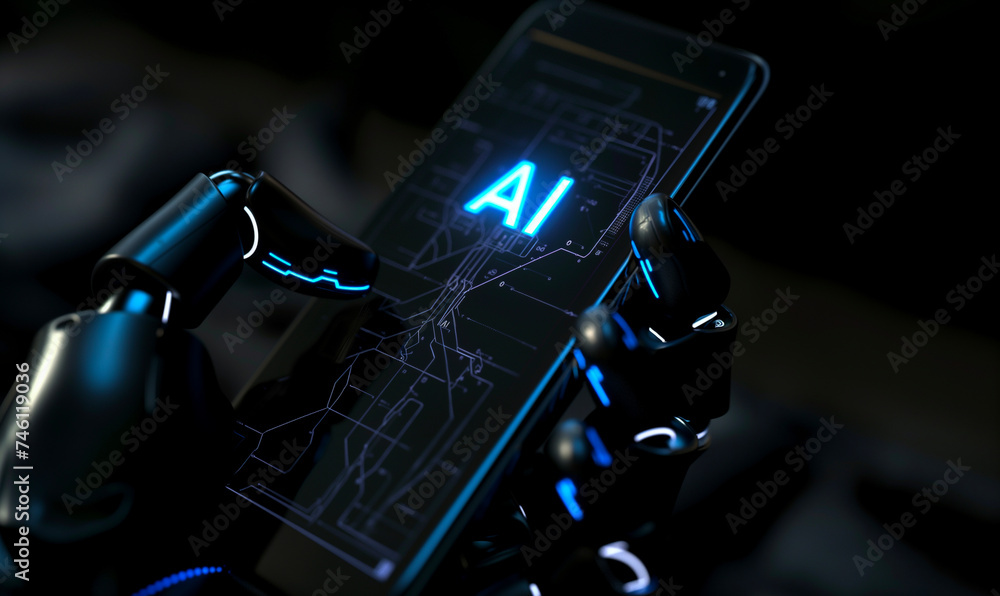 Poster robotic hand operating smartphone with ai interface concept