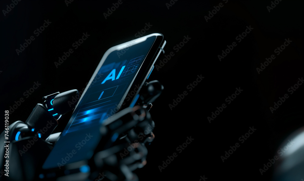 Poster robotic hand operating smartphone with ai interface concept