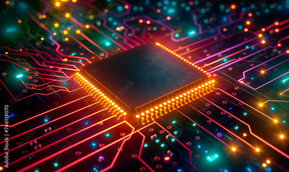 Poster vibrant cpu microchip on a glowing circuit board - technology concept