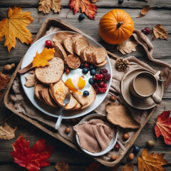 Closeup photo of a nutritious breakfast spread across a rustic wooden board. Scattered autumn leaves and a cozy hand-knit scarf suggest a crisp fall morning.