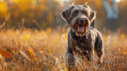 Photo portrait of a Drathaar hunting dog in a field - obrazy, fototapety, plakaty