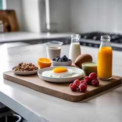 Closeup photo of a nutritious breakfast on a modern minimalist board on countertop in a sleek urban kitchen.