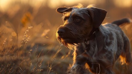 Photo portrait of a Drathaar hunting dog in a field