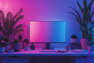 Cozy workspace with computer monitor and plants illuminated by purple and pink light