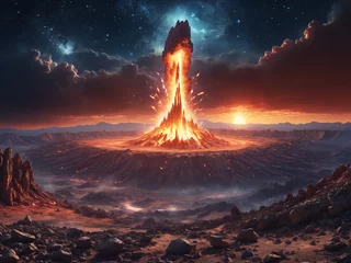 Papier Peint photo Lavable Bordeaux Dramatic night scene: volcano spewing lava under dark cloudy sky, illuminated by stars, creating a mesmerizing display of fire and molten rock