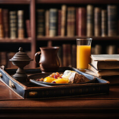 Closeup photo of a nutritious breakfast on a worn leather-bound tray. The scene is set in a dimly lit library with shelves of books in the background.