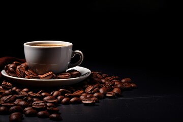 Coffee beans and cup on plain black background