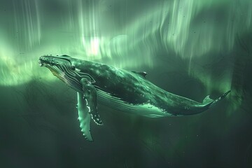 Fototapeta premium A majestic humpback whale superimposed with the ethereal glow of the Northern Lights in a double exposure