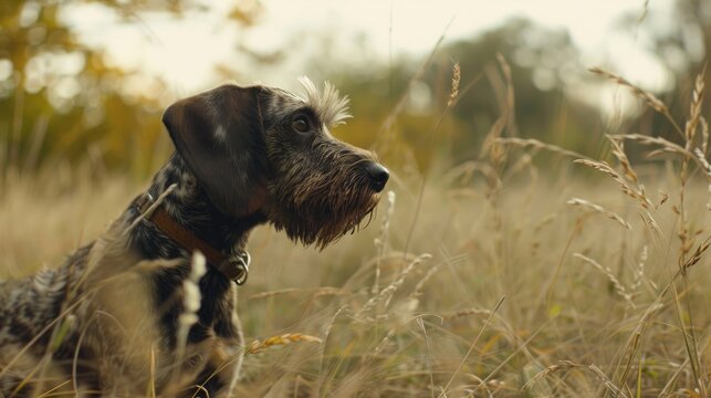 Photo portrait of a Drathaar hunting dog in a field