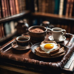 Closeup photo of a nutritious breakfast on a worn leather-bound tray. The scene is set in a dimly lit library with shelves of books in the background.